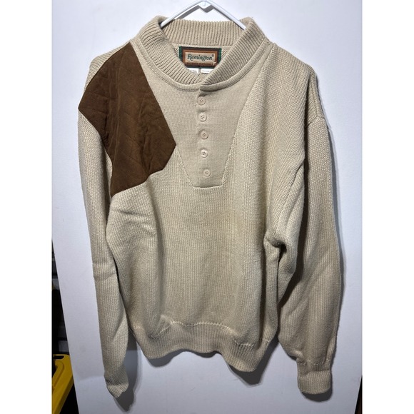 Remington Upland Hunting Sweater Pullover Knit  Brown Shoulder Patch ultra suede - Picture 1 of 6